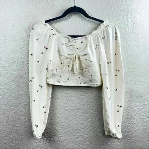 Arizona Jean Co Floral Long Sleeve Crop Top Ivory White Women’s Size S